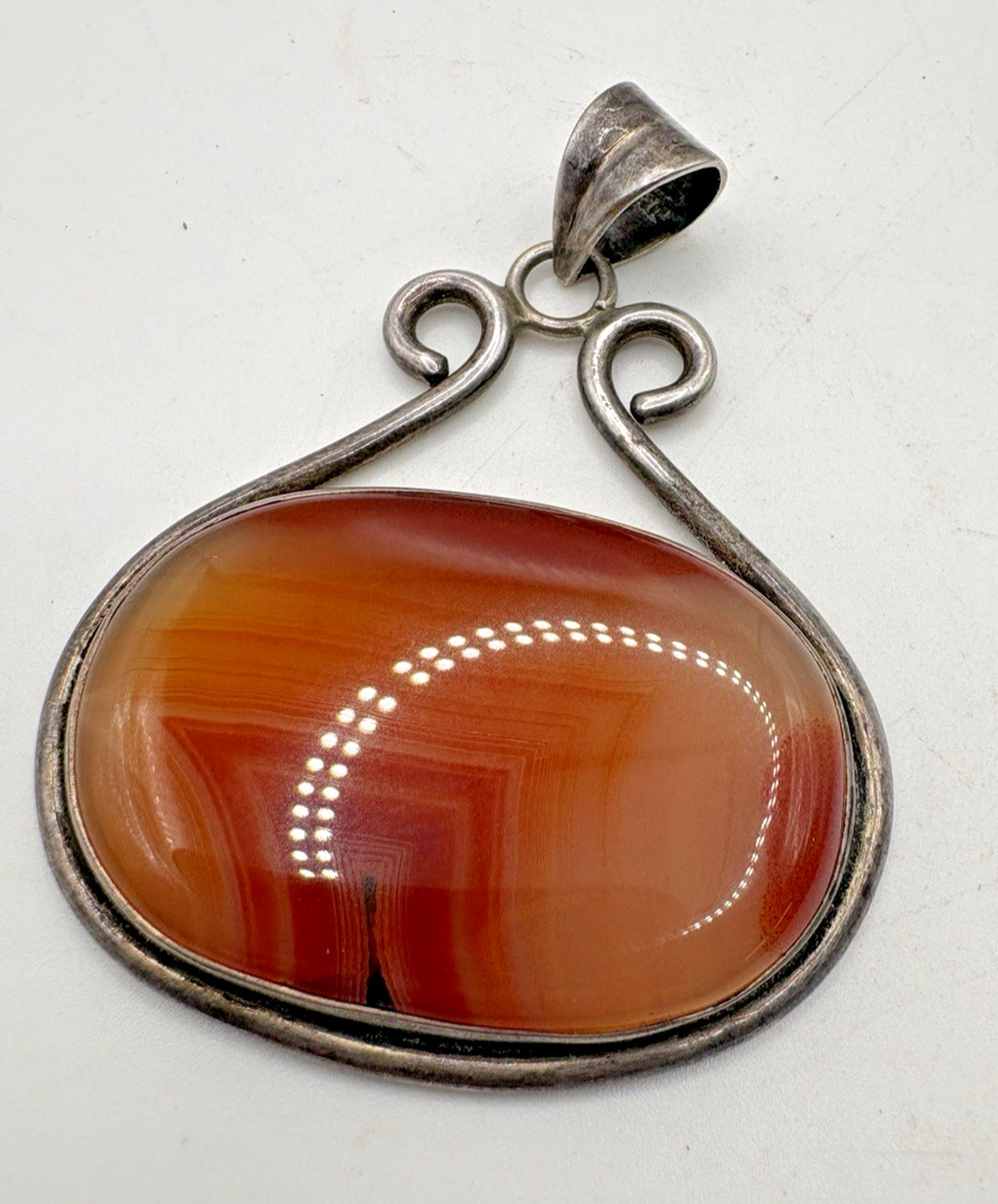 Pendant Oval Orange Banded Agate Gemstone Sterling Silver 925 21.14g 2" wide